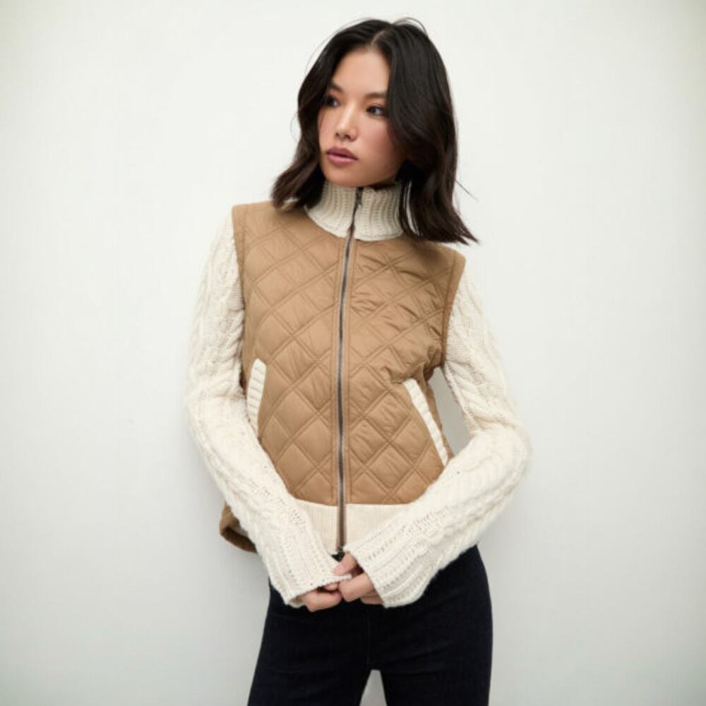 Veronica Beard Patra Knit Sleeve Quilted Sweater Jacket in Tan Cream Size Medium